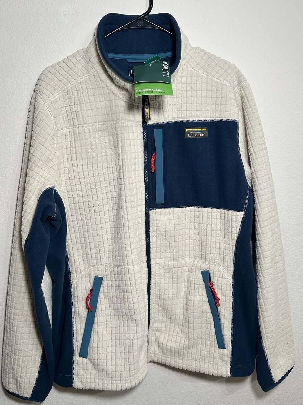 L.L.Bean Men's Mountain Classic Windproof Fleece Jacket Waffle Grid Cream Navy